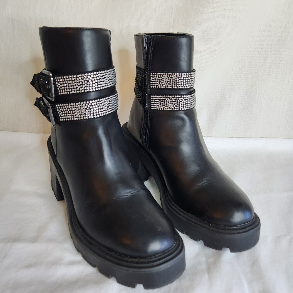 Steve Madden Boots Chunky Black Belted Crystal Studded. Womens Size 5M